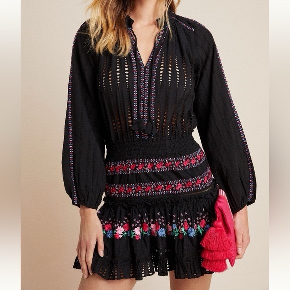 MISA Los Angeles Manuela mini cotton dress embroidered w long sleeves size‎ M - Picture 4 of 13